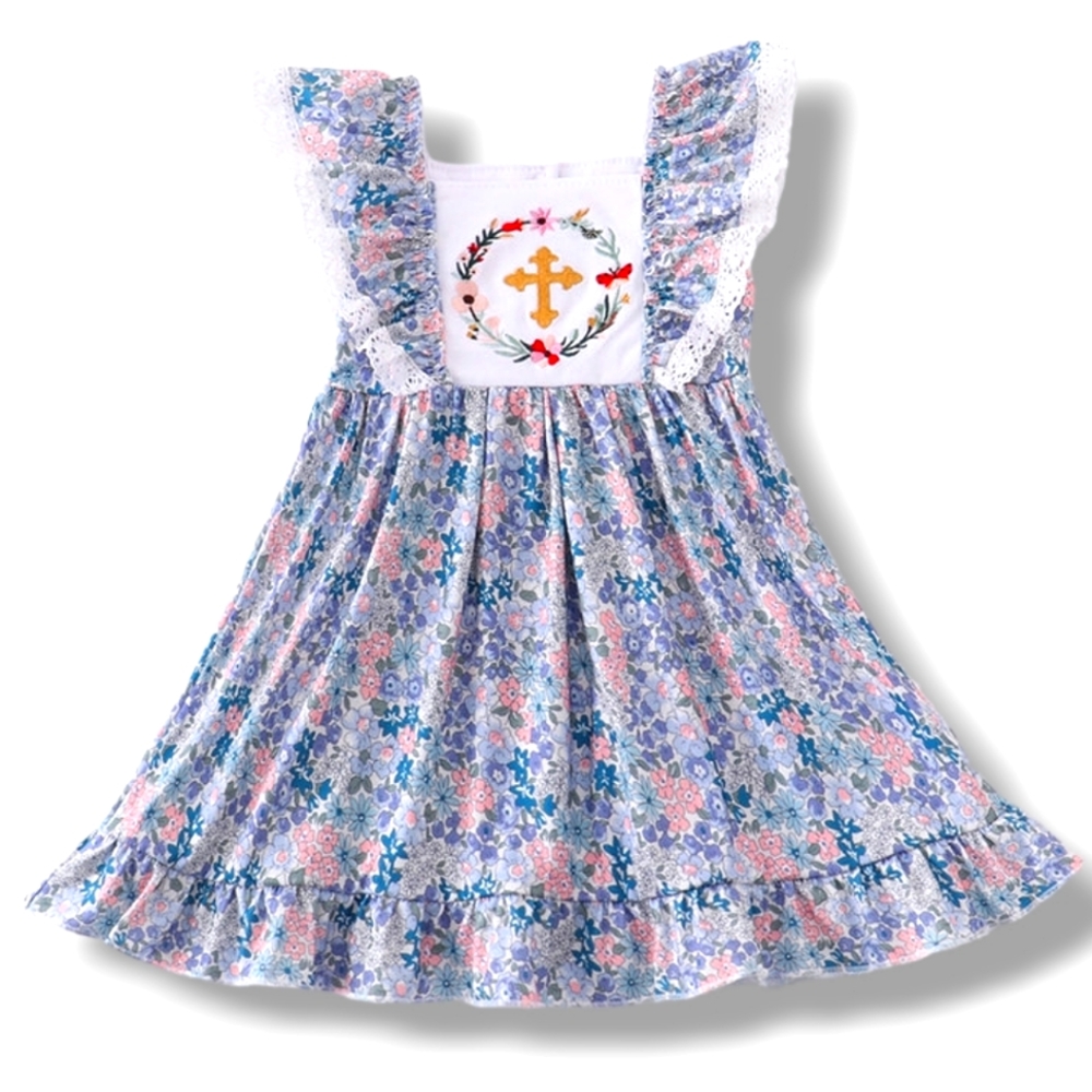 Cross & Wreath Embroidered Ruffle Dress